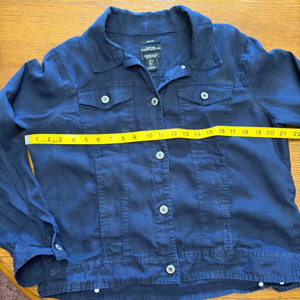 Jones & Co 100% Linen Navy Crop Trucker Jacket Nautical Coastal Minimalist L - Picture 8 of 8